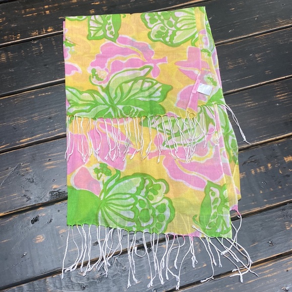 Lilly Pulitzer Murfee Scarf Yellow with Green Butterflies & Pink Flowers - Picture 4 of 7